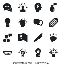 Set of vector isolated black icon - speaking man vector, pen, brainstorm, bulb, dialog, wine card, hot dog, shining head, idea