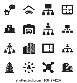 Set of vector isolated black icon - hierarchy vector, hospital, molecule, office building, garage, plan, home message