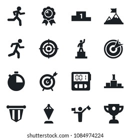 Set of vector isolated black icon - dispatcher vector, pedestal, pennant, medal, run, stopwatch, target, motivation, award cup