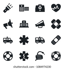 Set of vector isolated black icon - hose vector, heart pulse, doctor case, patch, ambulance star, car, hospital, loudspeaker, torch, crisis management