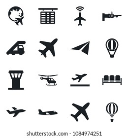 Set of vector isolated black icon - plane vector, airport tower, radar, departure, waiting area, ladder car, boarding, helicopter, flight table, globe, paper, air balloon