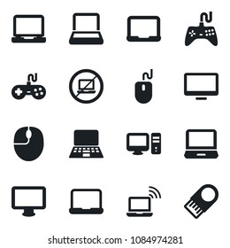 Set of vector isolated black icon - no laptop vector, wireless notebook, mouse, pc, gamepad, monitor, usb flash