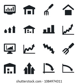 Set of vector isolated black icon - crisis graph vector, garden fork, warehouse storage, monitor statistics, bar, arrow up, growth