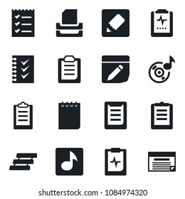 Set of vector isolated black icon - notepad vector, pulse clipboard, notes, music, checklist, paper tray, schedule