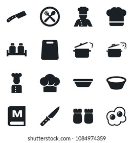 Set of vector isolated black icon - cook vector, cafe, hat, menu, salt and pepper, bowl, cutting board, knife, steaming pan, omelette