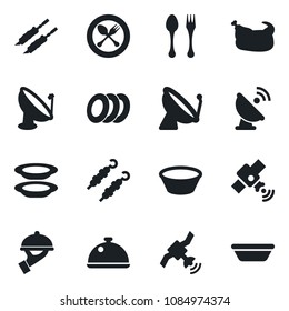 Set of vector isolated black icon - satellite antenna vector, spoon and fork, dish, plates, waiter, chicken, kebab, bowl