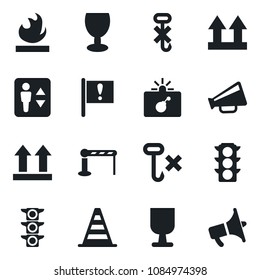 Set of vector isolated black icon - barrier vector, elevator, bomb in case, border cone, important flag, traffic light, fragile, up side sign, no hook, flammable, loudspeaker