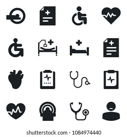 Set of vector isolated black icon - heart pulse vector, diagnosis, stethoscope, tomography, hospital bed, disabled, real, clipboard, patient