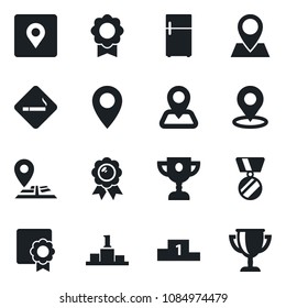 Set of vector isolated black icon - smoking place vector, medal, navigation, pin, tag, sertificate, fridge, pedestal, award cup