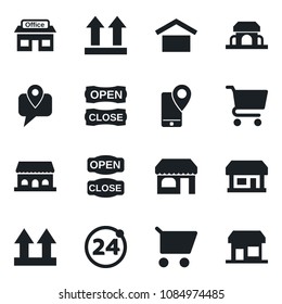 Set of vector isolated black icon - 24 around vector, shop, store, mobile tracking, warehouse storage, up side sign, cafe building, open close, cart, storefront