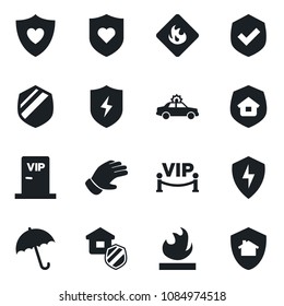 Set of vector isolated black icon - umbrella vector, alarm car, glove, heart shield, flammable, protect, estate vip zone, home