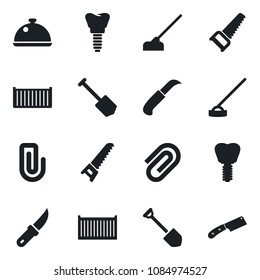 Set of vector isolated black icon - job vector, saw, hoe, garden knife, implant, cargo container, paper clip, dish