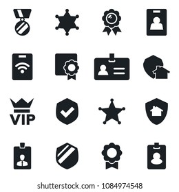 Set of vector isolated black icon - vip vector, identity, card, medal, shield, sertificate, home protect, police, pass