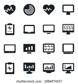 Set of vector isolated black icon - radar vector, notebook pc, statistic monitor, heart pulse, clipboard, tv, statistics