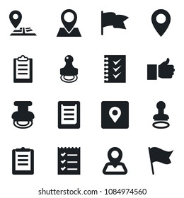 Set of vector isolated black icon - stamp vector, navigation, pin, clipboard, finger up, place tag, checklist, flag
