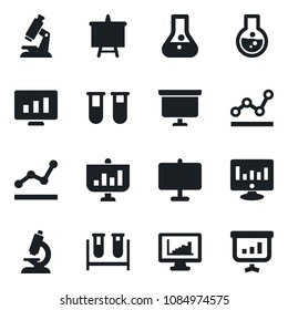 Set of vector isolated black icon - presentation board vector, statistic monitor, blood test vial, microscope, statistics, point graph, flask
