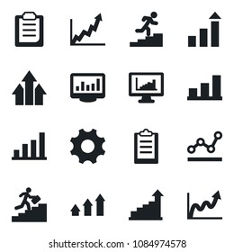 Set of vector isolated black icon - growth statistic vector, settings, clipboard, monitor statistics, bar graph, point, career ladder, arrow up