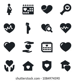 Set of vector isolated black icon - heart vector, pulse, diagnostic, shield, hand, medical calendar, pregnancy, sweet home