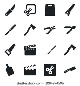 Set of vector isolated black icon - pruner vector, saw, garden knife, axe, scalpel, clapboard, cut, cutting board