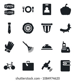 Set of vector isolated black icon - suitcase vector, pennant, stamp, rake, glove, pumpkin, caterpillar, bike, satellite, radio phone, identity card, tie, cafe, reception, open close, water heater