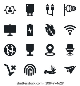 Set of vector isolated black icon - wind vector, office chair, fragile, no trolley, flame disk, network, wireless, place tag, fingerprint id, charge, presentation board, hr, usb flash