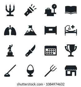 Set of vector isolated black icon - fence vector, luggage scales, book, pedestal, farm fork, hoe, garden knife, hospital bed, lungs, torch, calendar, egg stand, candle, motivation, award cup