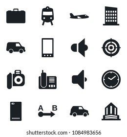Set of vector isolated black icon - train vector, plane, case, route, camera, speaker, radio phone, mobile, back, clock, target, city house, sound, car, office building