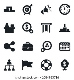 Set of vector isolated black icon - hierarchy vector, manager place, target, consumer search, clock, pennon, money, calendar, flag, case, social media, crisis management, advertising, pedestal, tree