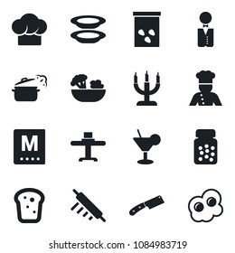 Set of vector isolated black icon - seeds vector, pills bottle, waiter, cook, restaurant table, hat, menu, cocktail, salad, plates, bread, candle, rolling pin, knife, steaming pan, omelette