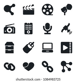 Set of vector isolated black icon - clapboard vector, reel, microphone, radio, satellite, laptop pc, share, chain, heart, archive chest, video, remote control, social media