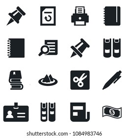 Set of vector isolated black icon - identity vector, book, document search, pen, notepad, drawing pin, reload, cut, copybook, news, printer, serviette, cash