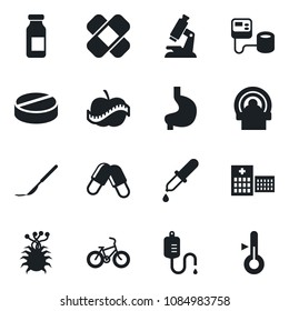 Set of vector isolated black icon - blood pressure vector, dropper, microscope, pills, ampoule, scalpel, patch, tomography, bike, stomach, diet, hospital, virus, thermometer