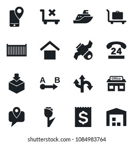 Set of vector isolated black icon - baggage trolley vector, route, store, satellite, 24 hours, mobile tracking, sea shipping, cargo container, receipt, warehouse storage, no, tulip, package