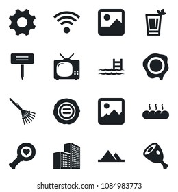 Set of vector isolated black icon - stamp vector, rake, plant label, heart diagnostic, gallery, settings, office building, pool, mountains, tv, wireless, phyto bar, bread, ham