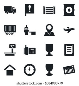 Set of vector isolated black icon - pin vector, important flag, plane, office phone, truck trailer, car delivery, clock, sea port, container, clipboard, fragile, warehouse storage, oil barrel