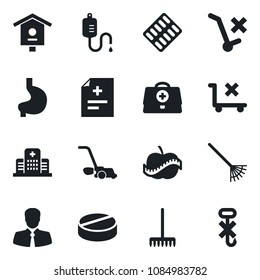 Set of vector isolated black icon - rake vector, lawn mower, bird house, doctor case, diagnosis, dropper, pills, blister, stomach, diet, hospital, client, no trolley, hook