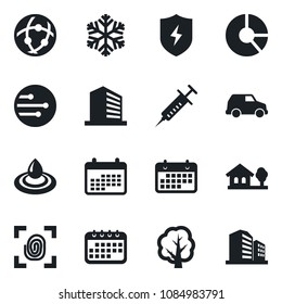 Set of vector isolated black icon - office building vector, circle chart, tree, syringe, term, protect, network, house with, fingerprint, snowflake, water, calendar, car