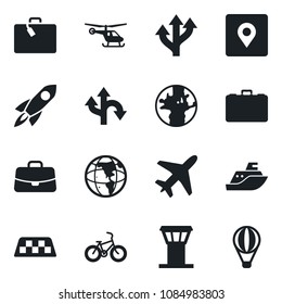 Set of vector isolated black icon - plane vector, airport tower, taxi, suitcase, helicopter, case, bike, route, earth, sea shipping, place tag, rocket, air balloon