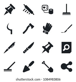 Set Of Vector Isolated Black Icon - Document Search Vector, Drawing Pin, Job, Trowel, Rake, Glove, Sickle, Axe, Blood Pressure, Scalpel, Pen, Rolling, Knife, Social Media