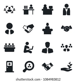 Set of vector isolated black icon - reception vector, medical room, handshake, meeting, manager place, client, hr, desk, search, estate agent, waiter, group, man with notebook, palm sproute