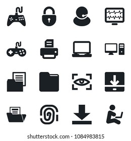 Set of vector isolated black icon - lock vector, printer, monitor pulse, support, folder document, gamepad, laptop pc, download, eye scan, fingerprint, man with notebook