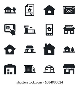 Set of vector isolated black icon - airport building vector, house, greenhouse, store, with tree, warehouse, estate document, sold signboard, office, sweet home, cafe, control app, storefront