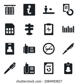 Set of vector isolated black icon - escalator vector, no smoking, flight table, document reload, pulse clipboard, signpost, office phone, barcode, radio, sim, identity card, pen, information, pass