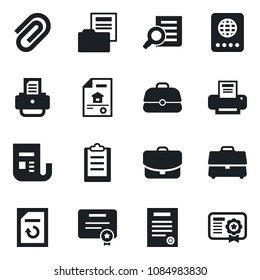 Set of vector isolated black icon - passport vector, document search, reload, printer, news, clipboard, case, paper clip, folder, contract, estate, certificate