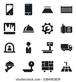 Set of vector isolated black icon - reception vector, office phone, cargo container, car delivery, consolidated, heavy scales, cell, scanner, root setup, waiter, dish, warm floor