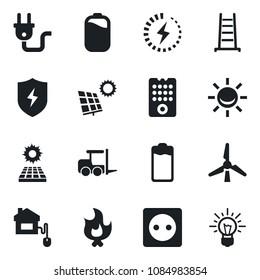Set of vector isolated black icon - fork loader vector, ladder, fire, battery, protect, charge, sun panel, windmill, home control, socket, power plug, remote, alarm led, idea