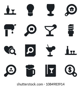 Set of vector isolated black icon - document search vector, bulb, heart diagnostic, fragile, cargo, water supply, estate, client, alcohol, wine card, cocktail, beer, energy saving, money