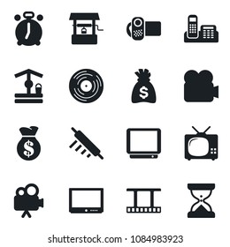 Set of vector isolated black icon - alarm clock vector, money bag, well, film frame, vinyl, tv, video camera, office phone, rolling pin, sand