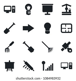 Set of vector isolated black icon - right arrow vector, presentation board, bulb, job, garden fork, shovel, rake, well, satellite, cellular signal, plan, rolling pin, pc