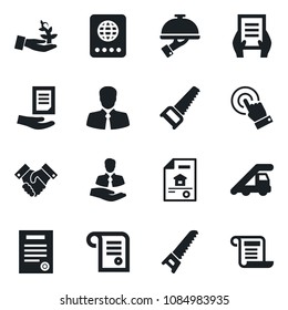 Set of vector isolated black icon - passport vector, ladder car, document, saw, client, touch screen, handshake, contract, estate, waiter, palm sproute